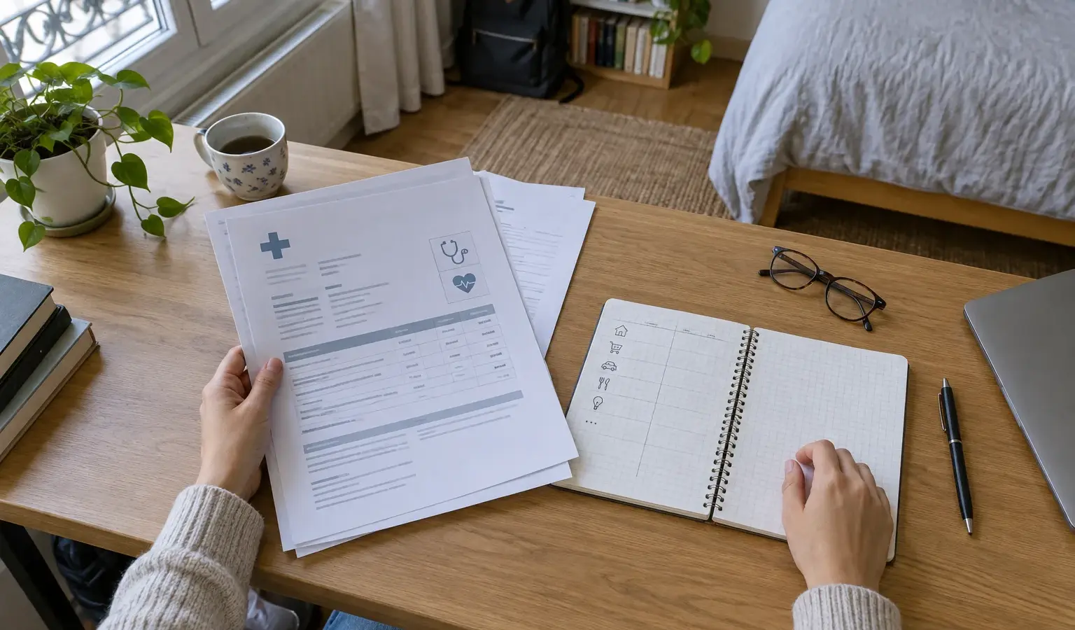 Documents de santé et carnet de budget disposés sur le bureau d’un étudiant.