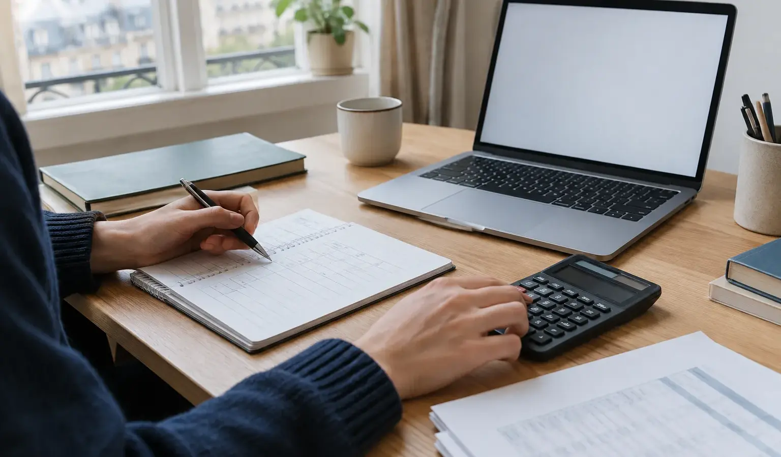 Un étudiant examine un calendrier de remboursement de prêt avec un calculateur sur son bureau.