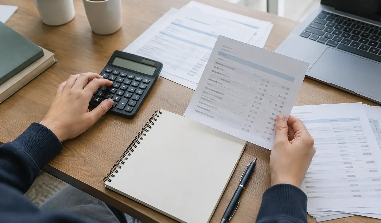 Des mains étudient un budget prévisionnel à côté d’une calculatrice et de relevés bancaires.