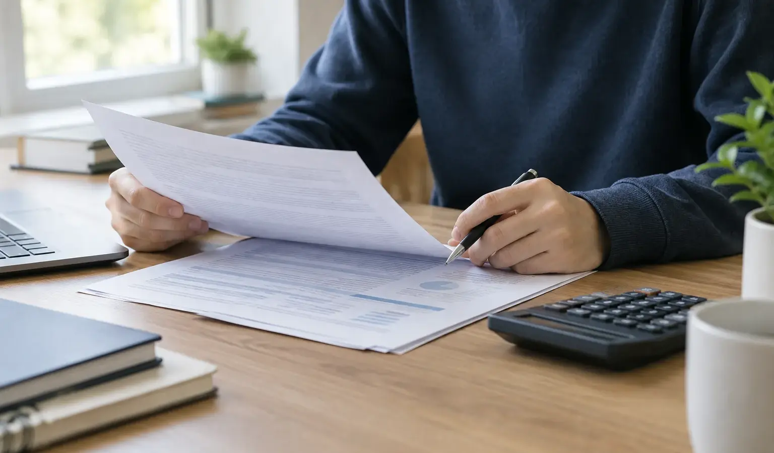 Documents de prêt étudiant et calculatrice posés sur un bureau pendant l’examen d’une assurance emprunteur.